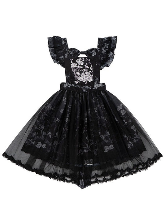 Black Floral Embroidery Flutter Sleeve Lace Trim Lolita Overlay Dress with Bow - Yimu Walnut