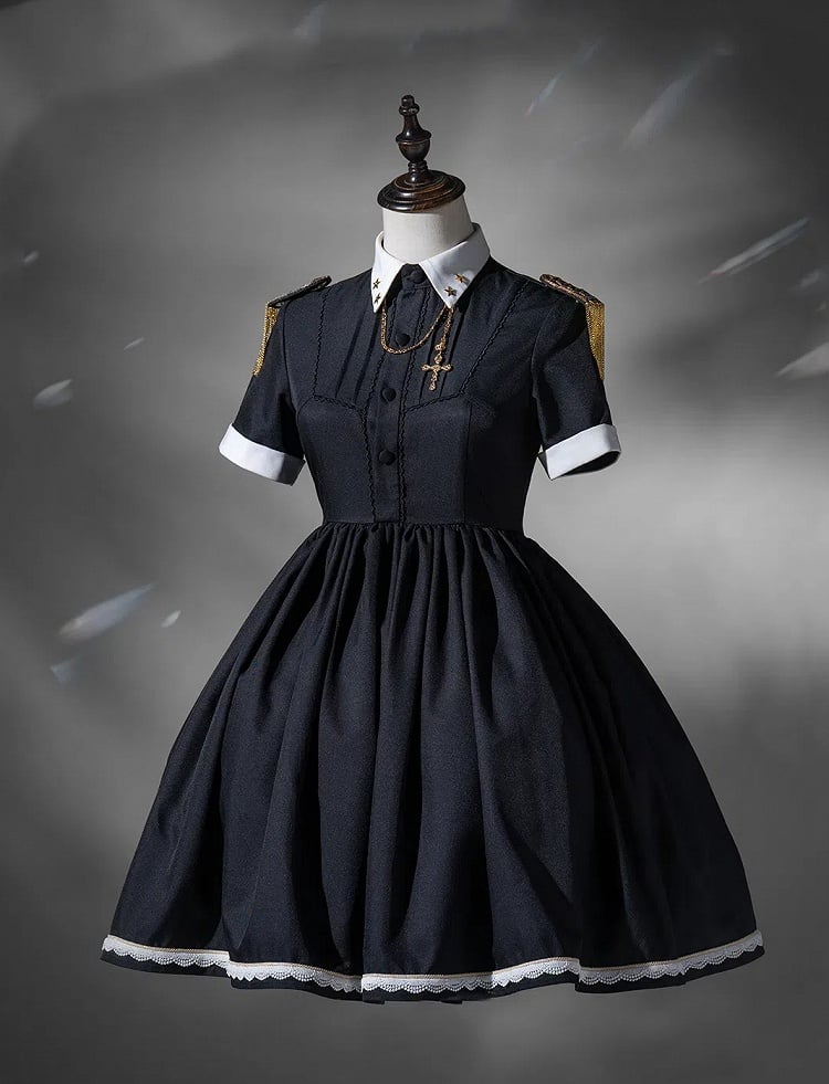 Kleid kurz Militär voller Lolita Flatterärmel und Dienstmädchen Schürze Set schwarz