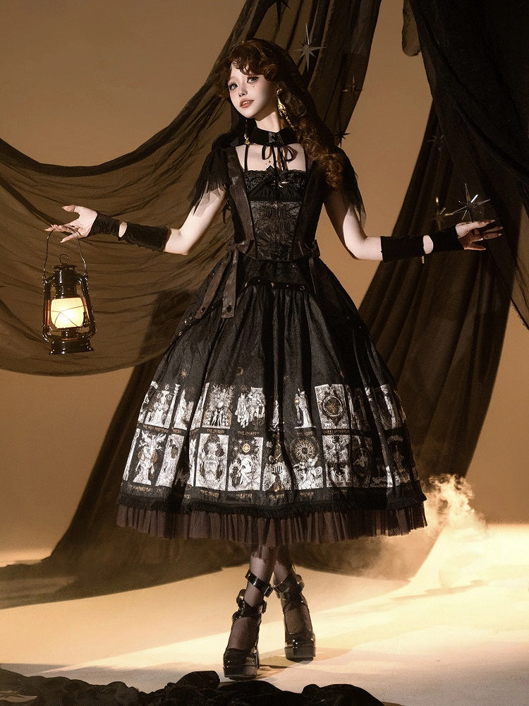 Gothic Lolita with Two-pieces Dress Detachable Tarot Hood Fake Card Print