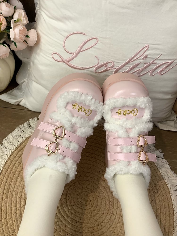 Pink Sweet Lolita Platforms with Strawberry Snap & Detachable Bow Accents