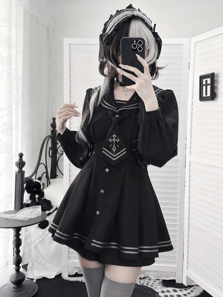 Sailor Collar Dress Set with Shorts and Tie - Ekomi