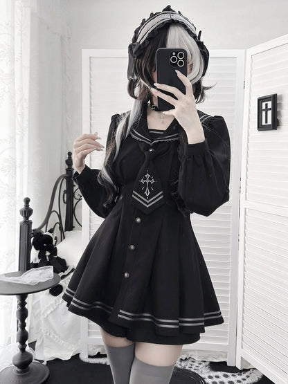 Sailor Collar Dress Set with Shorts and Tie - Ekomi