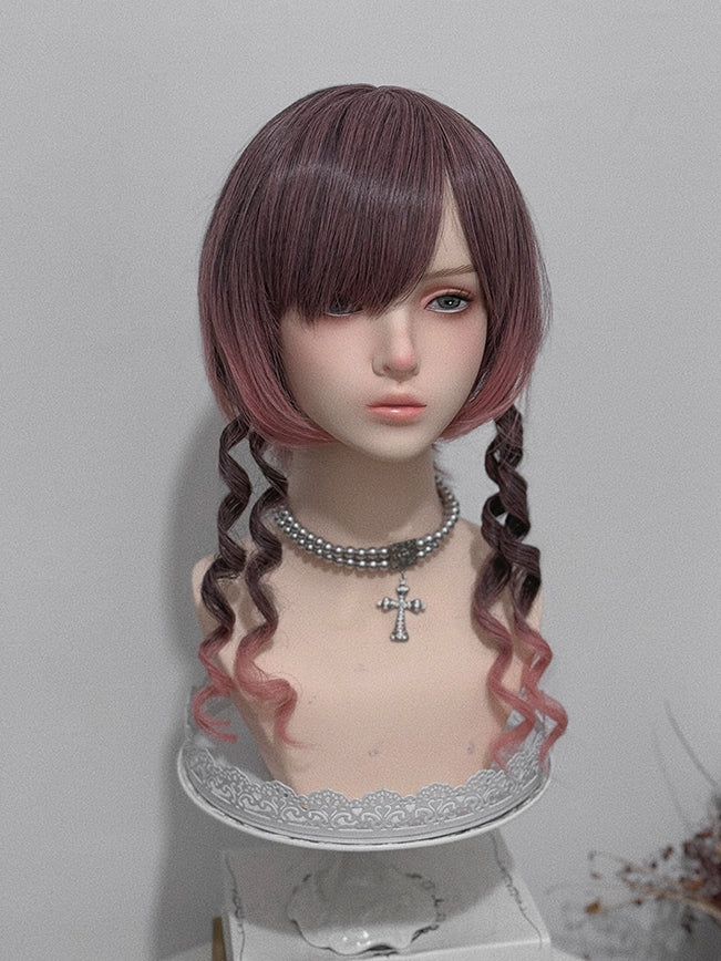 30CM With Double Claw Clips Length Roman Air Curly Ombre 48CM + Bangs Wig Ponytail Pink