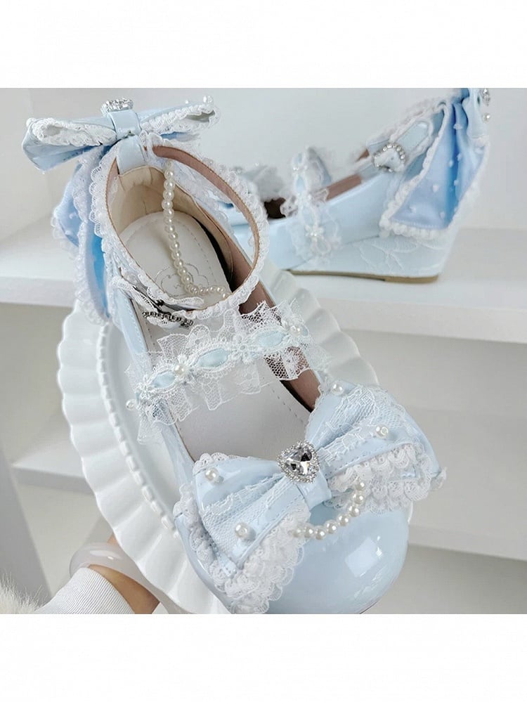 Light Blue Crystal Bow 5cm Slope Heel Shoes Elegant - Meng Ka Jiang