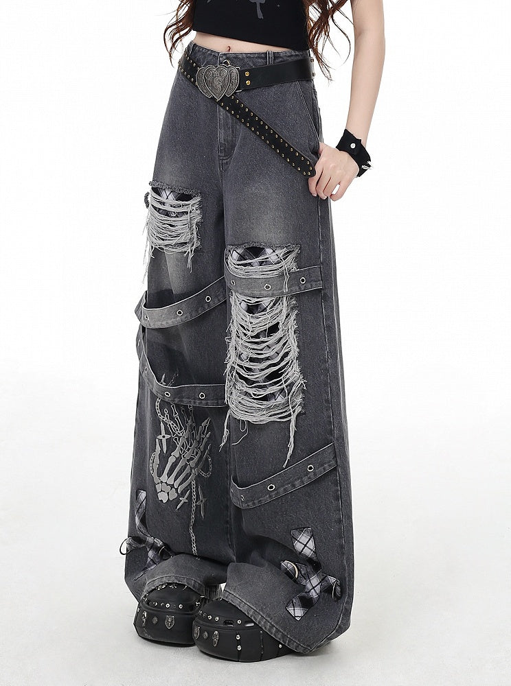 Vintage Weites Bein Grau/Rot Karo Waschung Distressed Faded Punk Holes Jeans