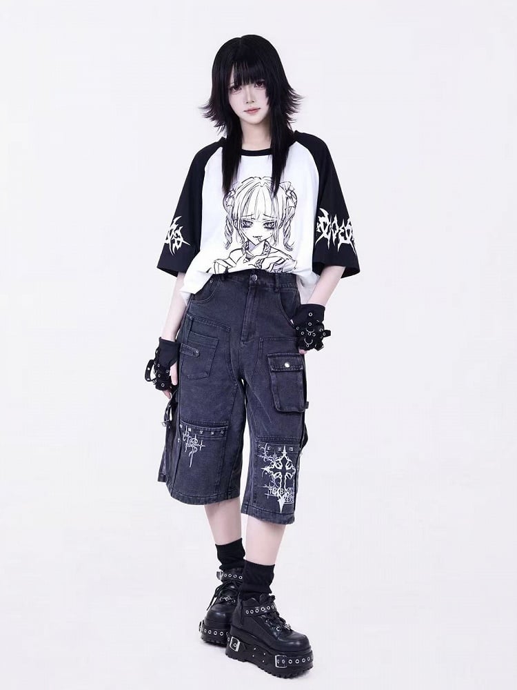 Dark Style Washed Gray Cargo Cropped Denim Pants with Embroidery Detail - Tribuo Flos