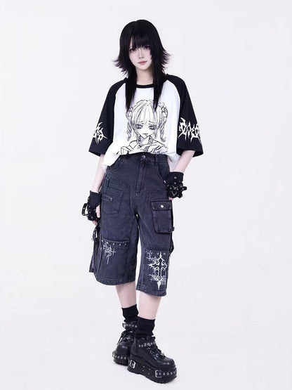 Dark Style Washed Gray Cargo Cropped Denim Pants with Embroidery Detail - Tribuo Flos