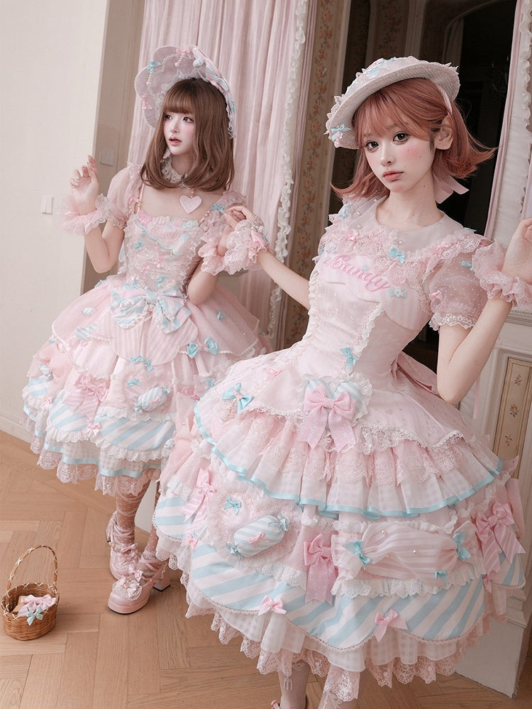 Pink Lace Trimmed Peter Pan Collar Sweet Lolita Sheer Blouse with Bows - Meng Fu Zi