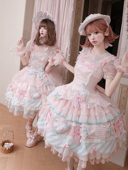 Pink Lace Trimmed Peter Pan Collar Sweet Lolita Sheer Blouse with Bows - Meng Fu Zi