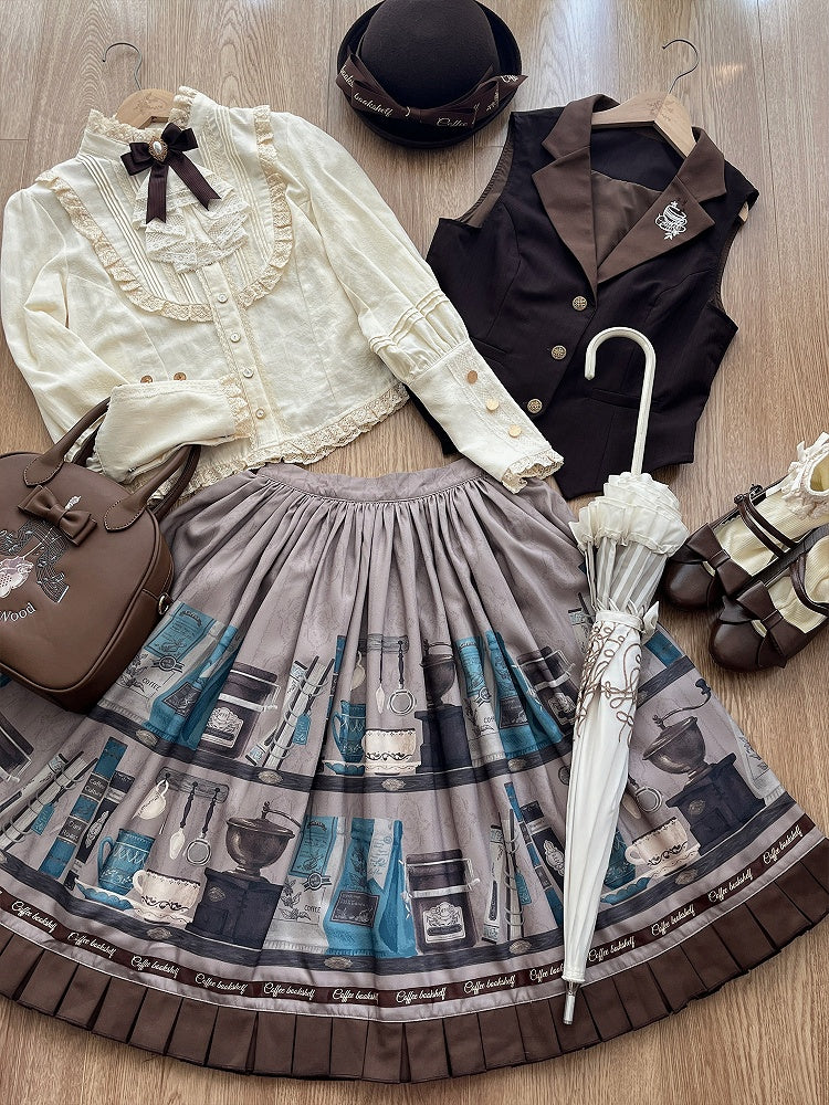 Gray Brown Coffee Cup Bookshelf Print Elegant Skirt Ruffled Hem - Dream Whale