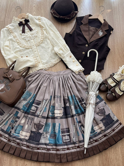 Gray Brown Coffee Cup Bookshelf Print Elegant Skirt Ruffled Hem - Dream Whale