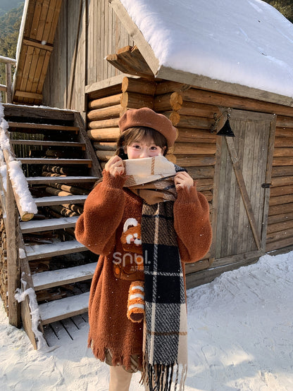 Brown Cute Red Panda Adorned Distress Trim Loose Sweater