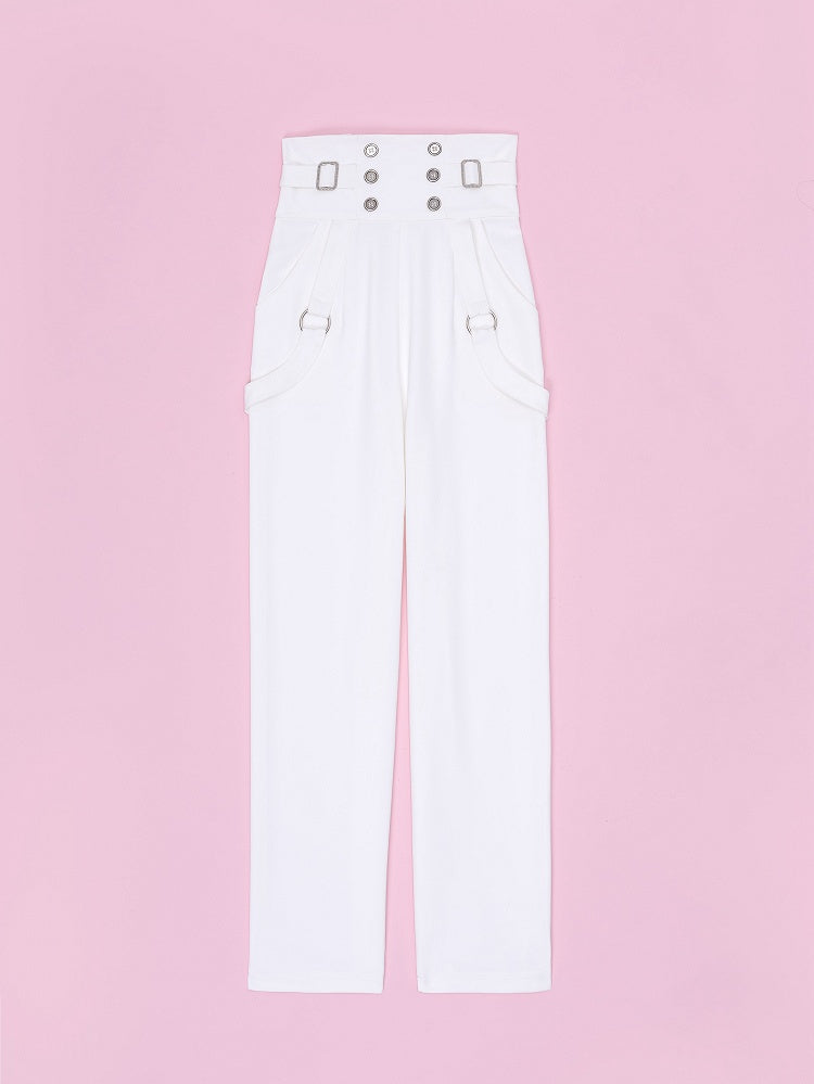 High-Rise White Ouji Pants with Buttons and Buckles - DevilInspired Exclusive Collection