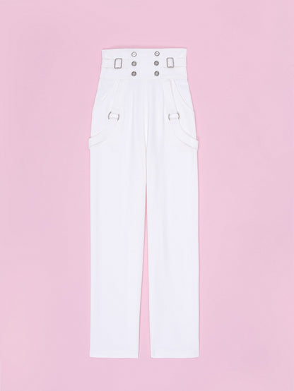High Waist White Ouji Pants with Buttons and Buckles - DevilInspired Exclusive Collection