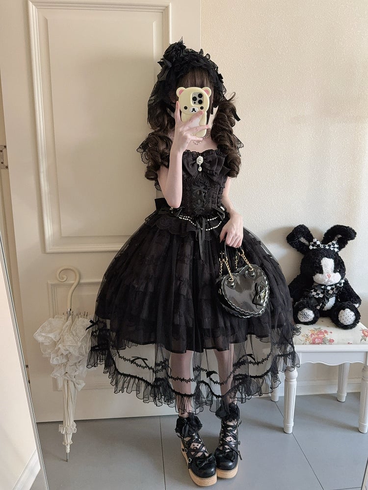 Dress Bows Hanayome-Style Multi-Layer + Overlay Lolita Apricot Full JSK Gentle Details / Rhinestone Set Lace with