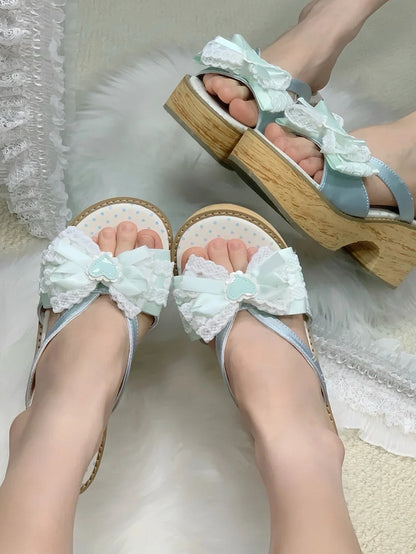 Lolita - Top Bow Slippers Satin Sole Mint Grain Wa at Platform Wood