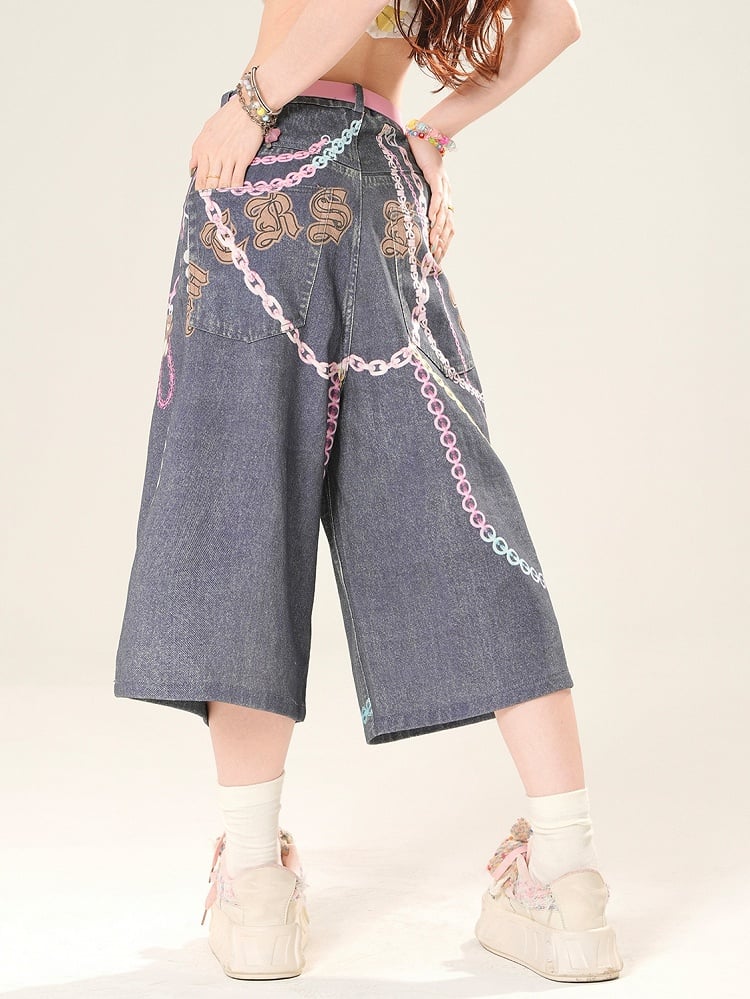 Print Cut Letter Wide-leg Y2K Button Chain Jeans Blue And