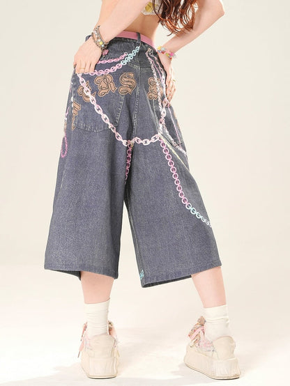 Print Cut Letter Wide-leg Y2K Button Chain Jeans Blue And