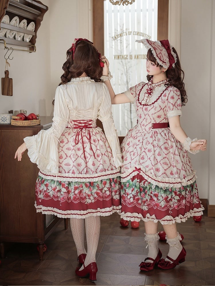 Elastic-Waist Lolita Skirt Featuring Strawberry Floral Motif - Currant