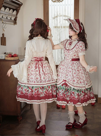 Elastic-Waist Lolita Skirt Featuring Strawberry Floral Motif - Currant