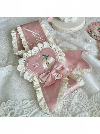 Lace-Trimmed Lolita Sash and Heart Apple Embroidered Brooch Set in Two Colors - Yinying Lolita