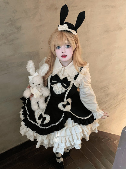 Beige Lace JSK Embellished Heart Sweet and Dress Black Ruffles with Bow Lolita Patch