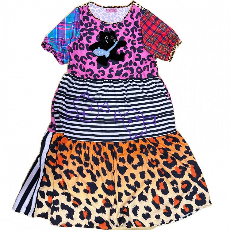 Ärmeldruck Rosa Puff Leopard Gyaru Modekleid