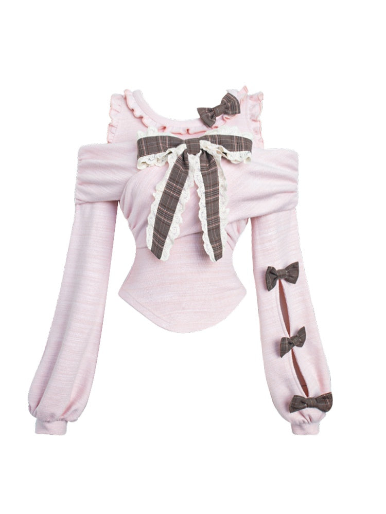 Bow Top Puff Accents and Sleeves Plaid Shoulder Knit Cutout with Pink
