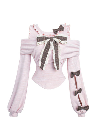 Bow Top Puff Accents and Sleeves Plaid Shoulder Knit Cutout with Pink