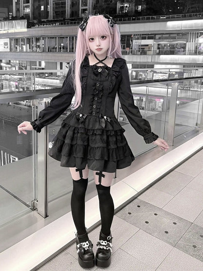 Jirai Kei Pure Black Halter-Neck Tiered Ruffle Dress with Bow Accents & Long Sleeves - Puppet Bombs