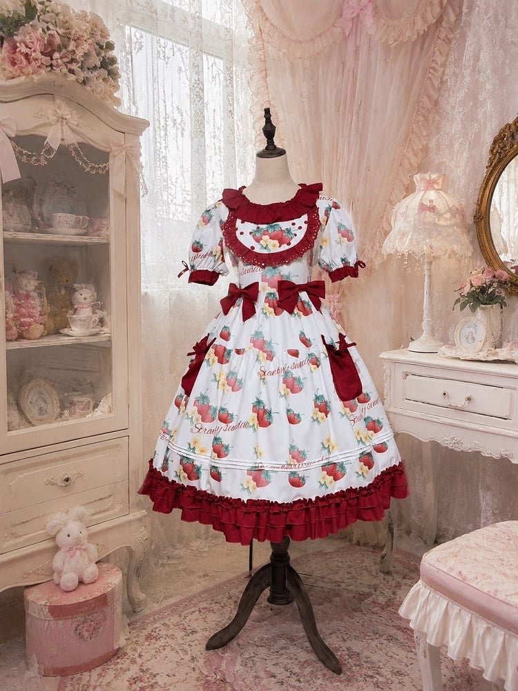Curvy Strawberry Print Bow-Adorned Floral Skirt Dress - Versatile girl