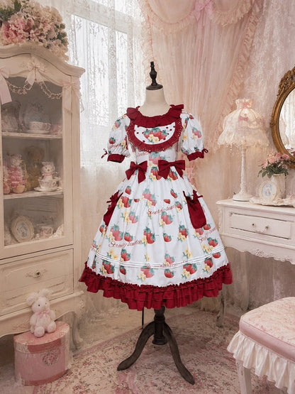 Curvy Strawberry Print Bow-Adorned Floral Skirt Dress - Versatile girl