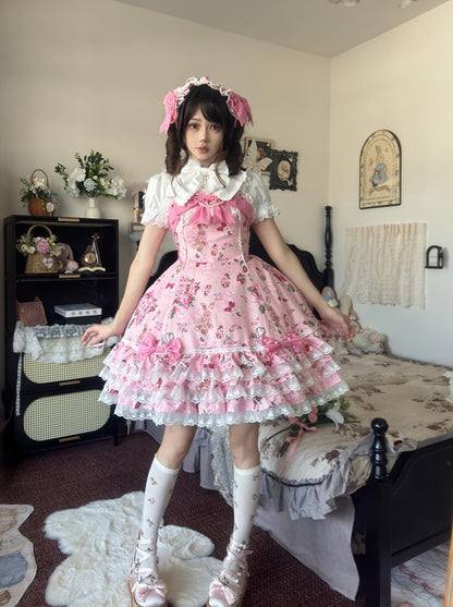 Trim Pink Floral Sweet Dress Lace Bow Lolita Accents Bunny and with Print