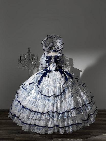 Blue and White Elegant Porcelain-Style Hanayome Multi-layered Skirt Boned Lolita Hime Dress with Bow and Lace Details - Sleepless Star