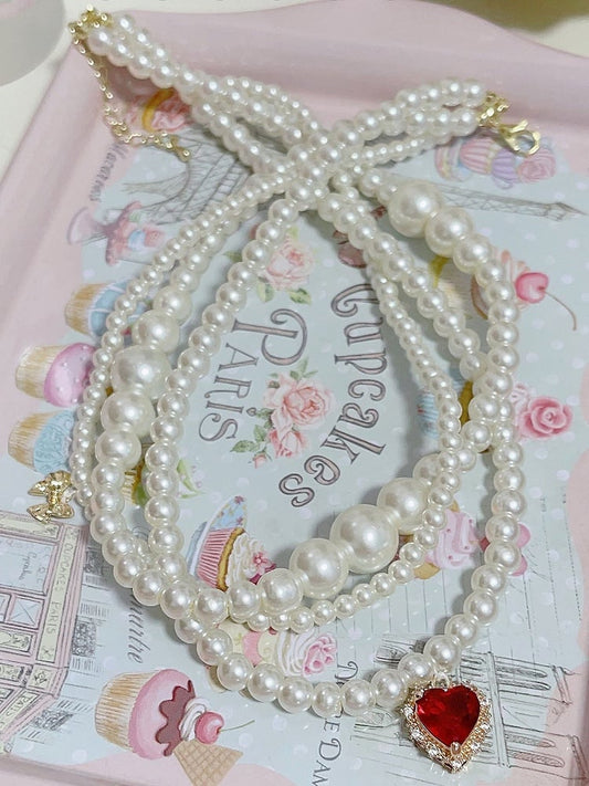 Rhinestone Layered Beaded Necklace - Cheese Cat