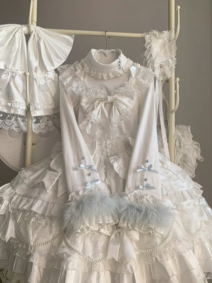 Turtleneck Trim Lace Top White Blue with Fur Accents