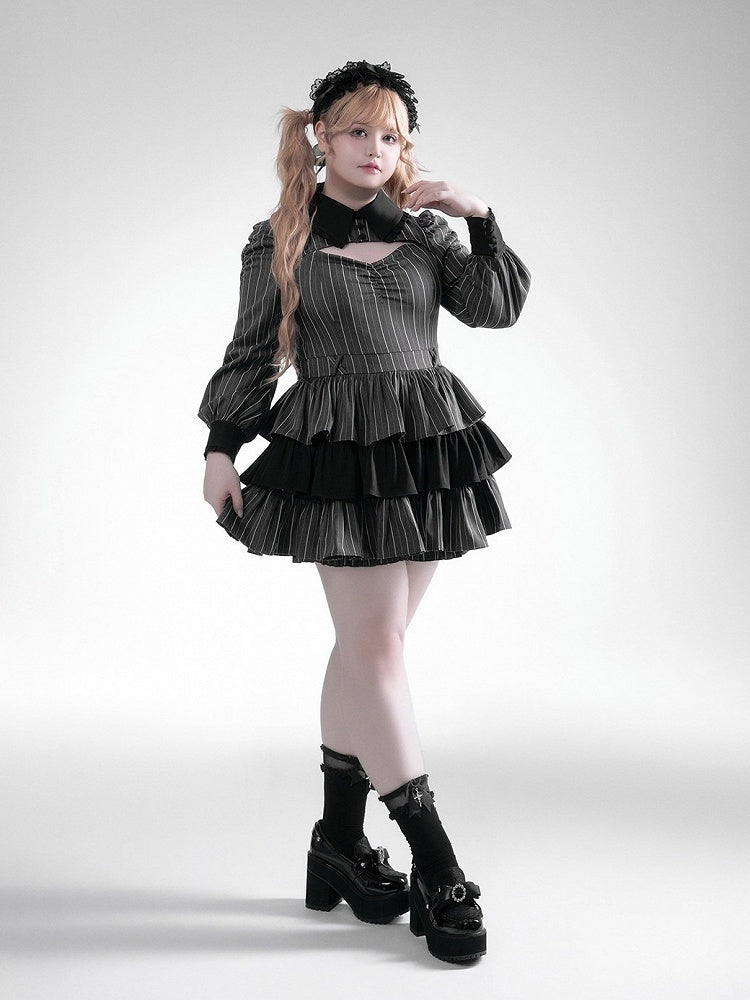 Black Gray Jirai Kei Striped Collared Tiered Ruffle Dress Set - Fluffy Heart