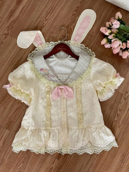 Ears Blouse Collar Bunny Short Sleeves Embroidery Back Sailor Tulip
