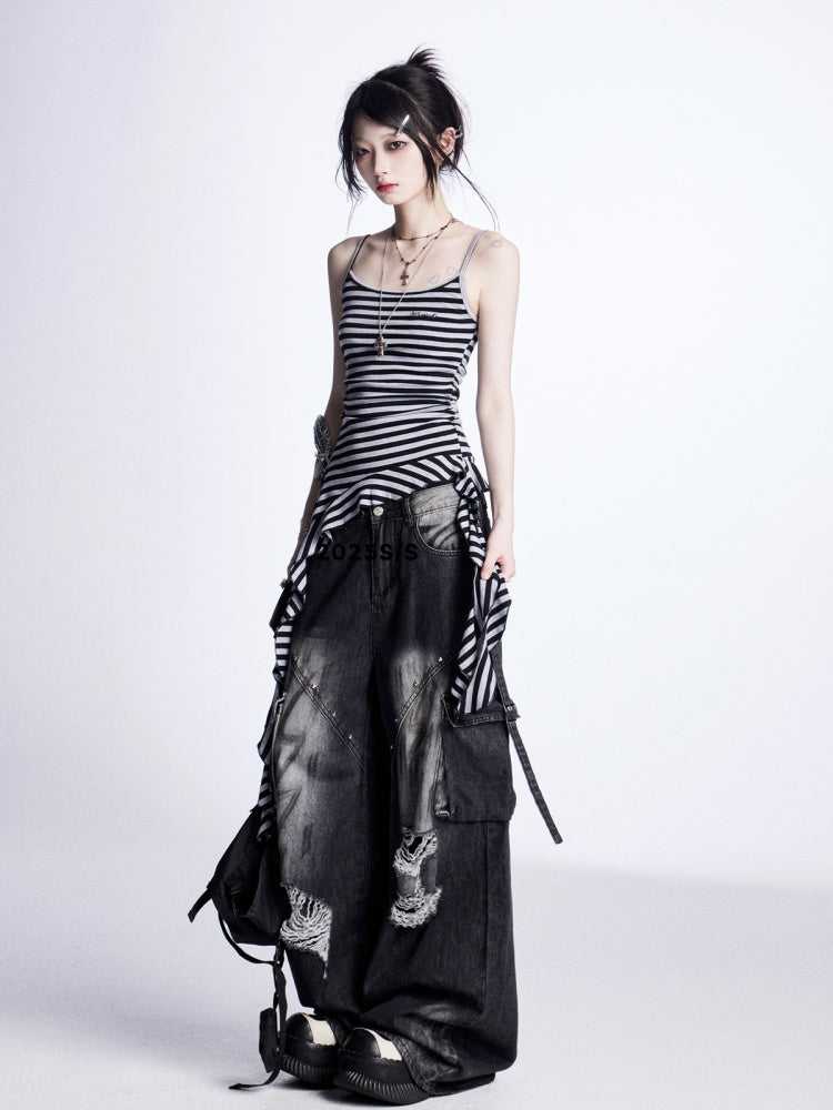 ヴィンテージ ブラック グレー ストライプ カスケード ラッフル アクセント キャミソール トップス