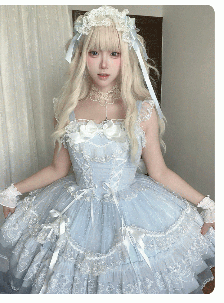 Jumper Detachable Sleeves Skirt Sweet Lolita Dress Flutter with Big Blue Lace-up Bodice High Waist Bow