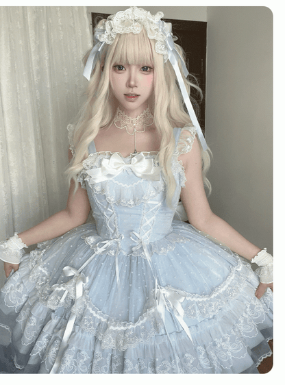 Jumper Detachable Sleeves Skirt Sweet Lolita Dress Flutter with Big Blue Lace-up Bodice High Waist Bow