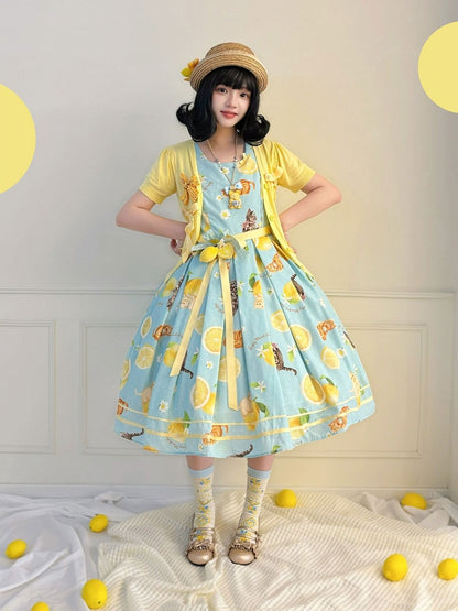 Blue Sweet Lolita Floral Print Jumper Dress with Cat Motif - Cutey Mask