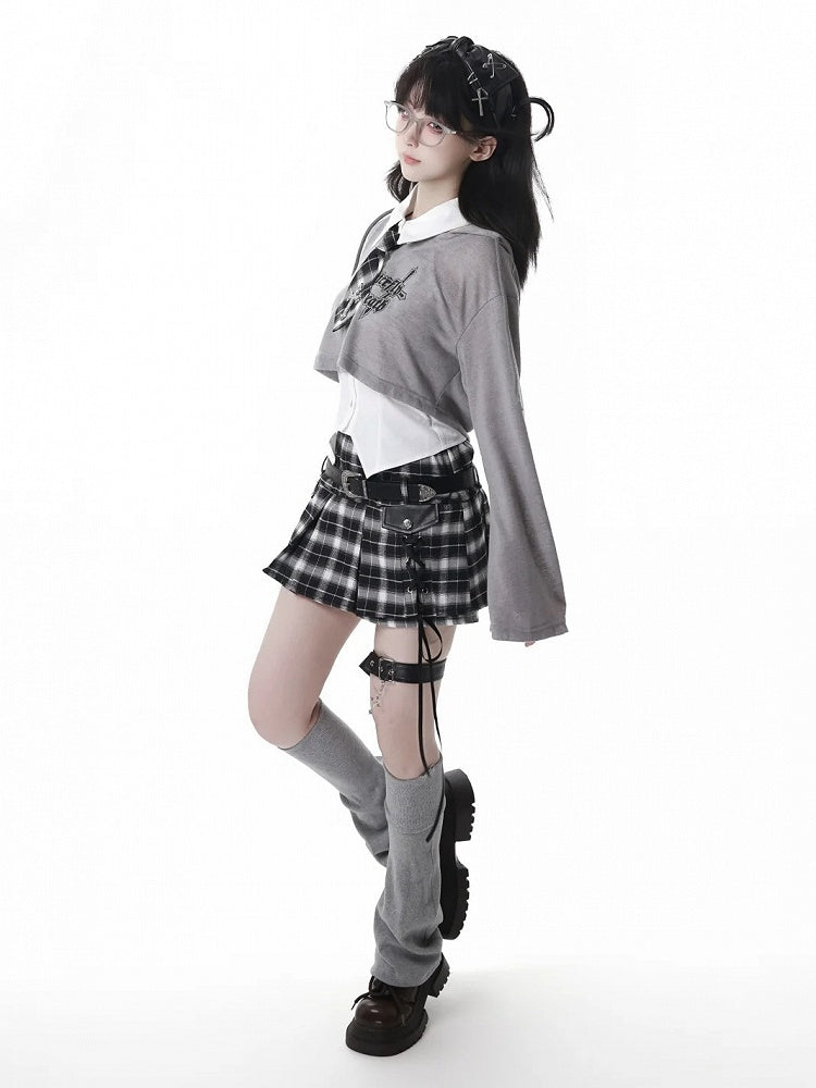 Y2K Lace-up Black Detail Plaid Skort with Buckle Belt and Chain White/ Khaki