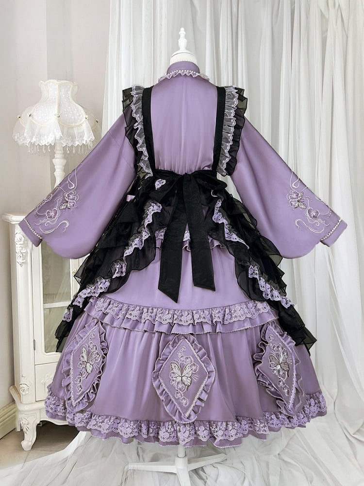 Zarte Schmetterling Schürze Lolita Kleid Schwarz Set Lila Han und Stickerei Voll Floral +