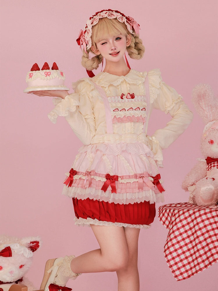 Strawberry Bodice Embroidery Cake Skirt Overall Hem and Pink Sweet Cupcake Lolita Red