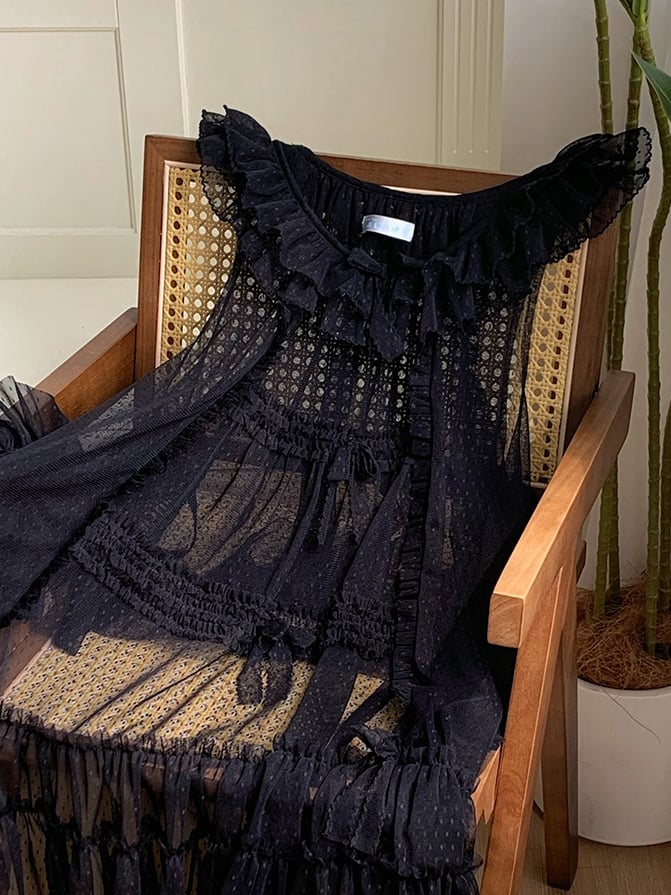 Black Bow Dots Tulle Details Ruffle Pink House Trim Style and Overdress