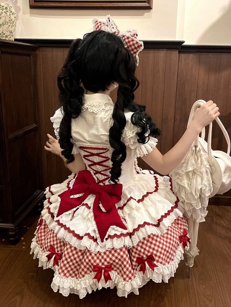und Saum gewellter Kleiderrand mit süßem Rockmuster Lolita Gingham gestufter weißer Besatz rot