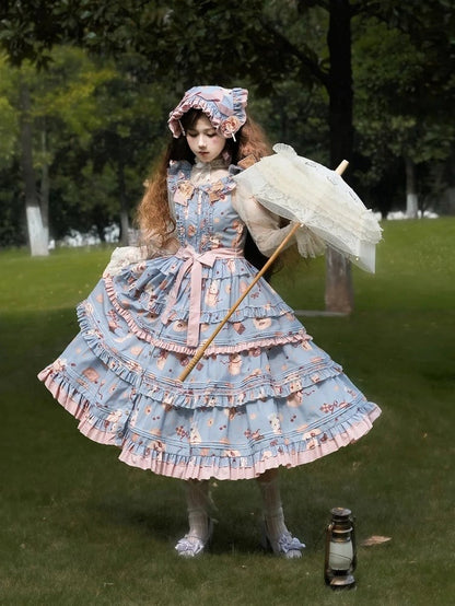 Cookie Hamster Sweet Lolita and Ruffle Print Dress Pink Hem Blue