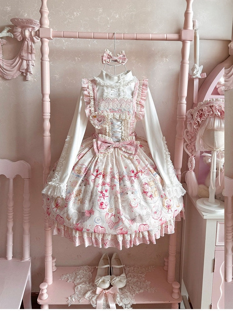 Pink Sweet Strawberry Print Lolita JSK Dress with Detachable Bow and Heart Brooch - wawao good night bear