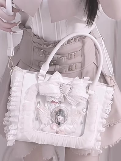 Kei Free Lace Bag Decorated Card Trim Ita with Holder Beaded Bowknot Heart Jirai White PVC